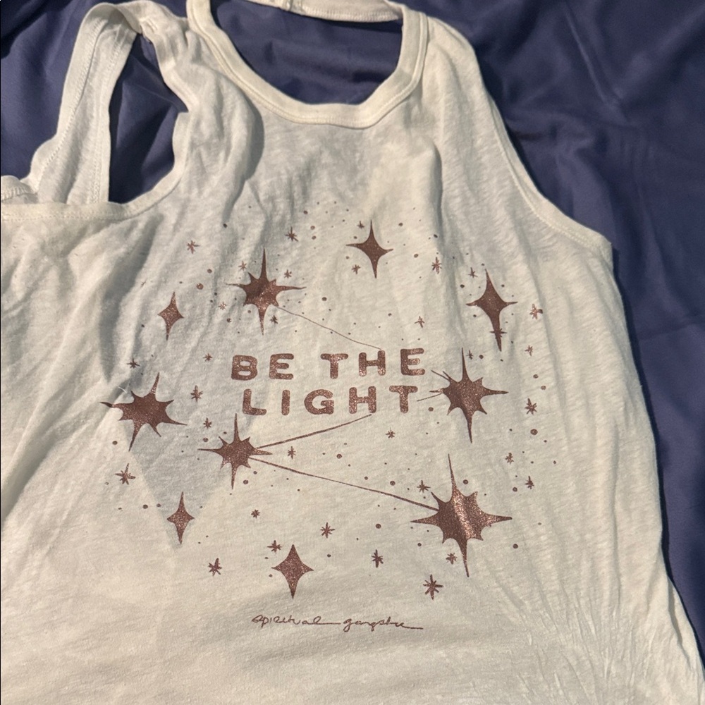 Spiritual Gangster “Be The Light” White Graphic Tank with Rose Gold Stars
